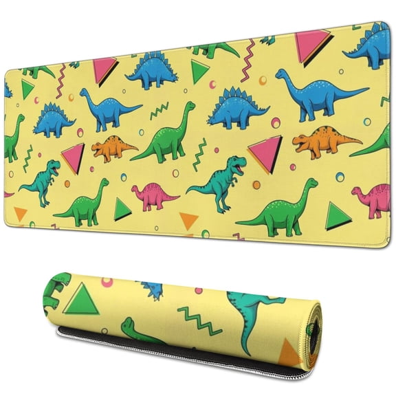 Long Mouse Pads for Desk,Yellow Cartoon Dinosaurs Geometric Shapes Desk Mats on Top Of Desks, Desk Mouse Pad Extra Large with 3mm Non-Slip Base and Stitched Edge for Gaming,Work,Home 31.5"x11.8"