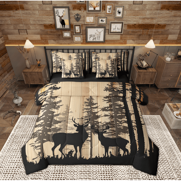 Manfei Wildlife Deer Elk Twin Bedding Sets 7-Piece for Man, Rustic Farmhouse Wooden Plank Bedding Comforter Set, Brown Animal Reversible Sheet Sets, Luxury Bedroom Decor