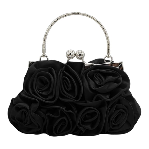 Women's Elegant Satin Evening Clutch with Detachable Silk Rose Handbag for Formal Parties and Occasions for Wedding Black One Size