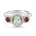 thumbnail image 2 of Gem Stone King 0.76 Ct Round Sky Blue Aquamarine Red Garnet 925 Silver and 10K Yellow Gold 3 Stone Women's Lab Grown Diamond Ring (Size 5), 2 of 3