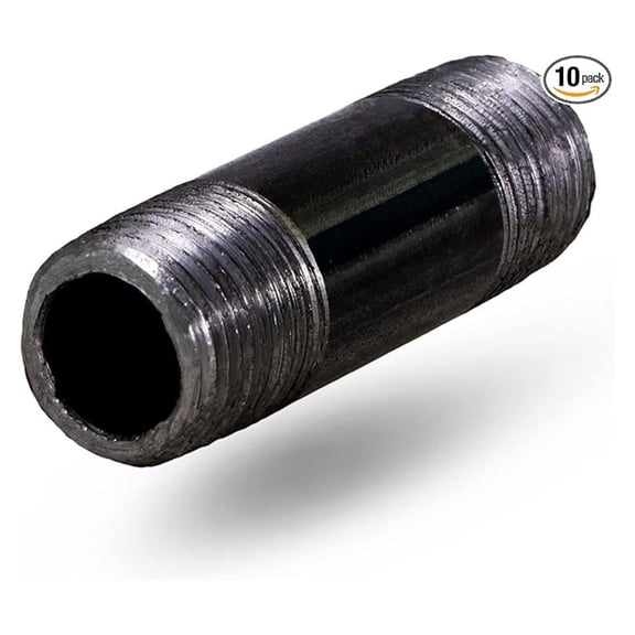 1/2 x 5 Inch Black Steel Pipe (10-Pack), Heavy Duty Industrial Malleable Iron Pipes, Pre Cut Threaded Nipple Great For All DIY Furniture And Black Pipe Shelving