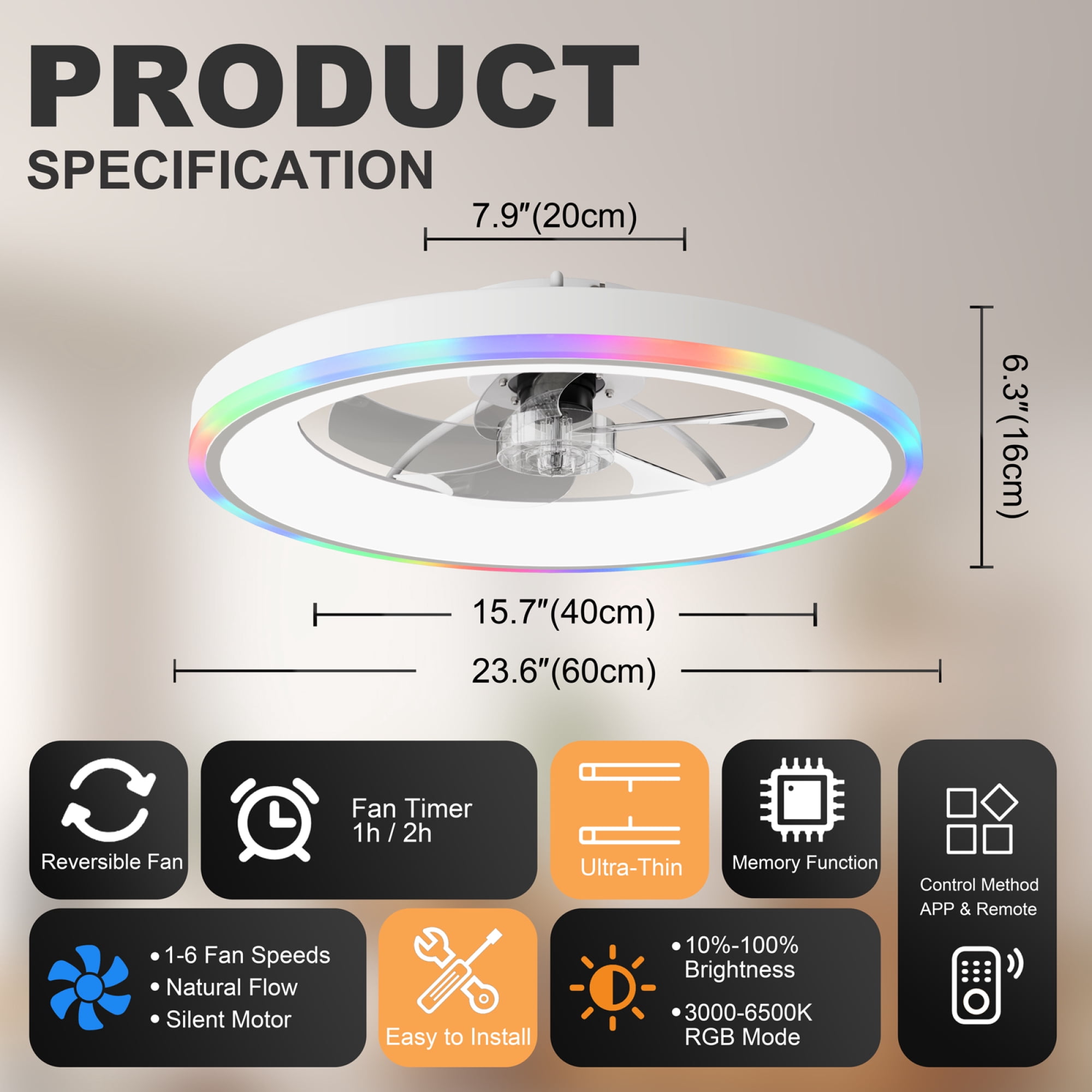 Leumius 23.6" Modern RGB Ceiling Fan with Lights, Flush Mount Low Profile Fan with Remote & APP, 6-Speed Reversible Silent DC Motor, Dimmable 3000-6500K LED for Bedroom Living Room White