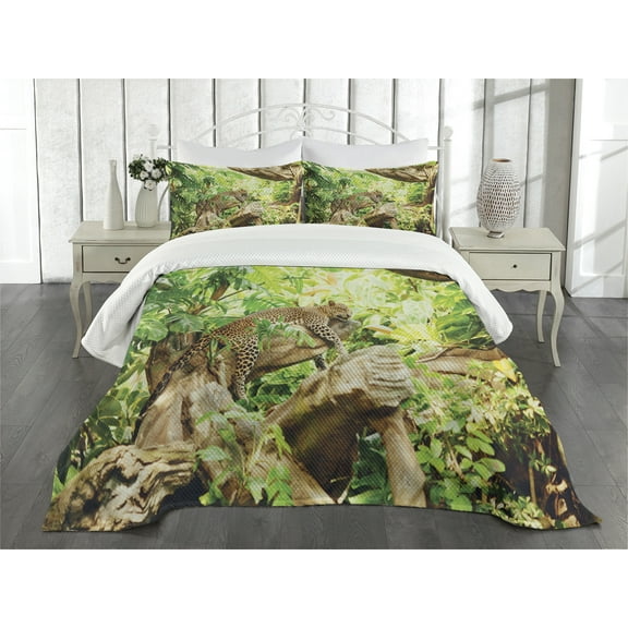 Ambesonne Leopard Quilted Bedspread Set 3 Pcs, Tropic Wild Jungle Leaf, Queen Size, Brown Green