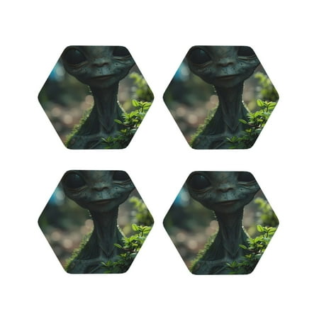 

Lukts Cute Saucerman With Big Eyes Print Leather Drinks Coasters Set of 4 Suitable or Drinks Furniture Protection and Easy Clean up-Hexagon