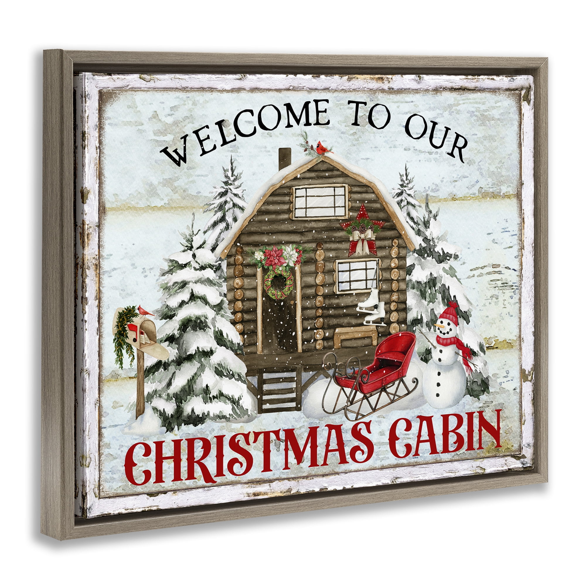 Stupell Industries Welcome Christmas Cabin Holiday Painting Brown Floater Framed Canvas Art Prints Wall Art, 21 x 17