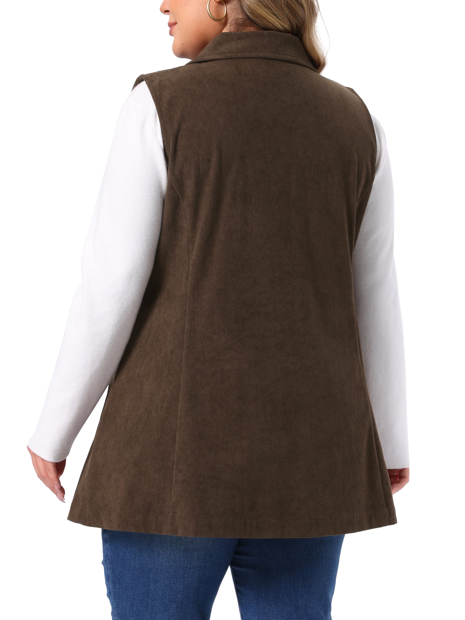 DARING DIVA Women's Plus Corduroy Lapel Sleeveless Pocket Vest 3X Dark Brown