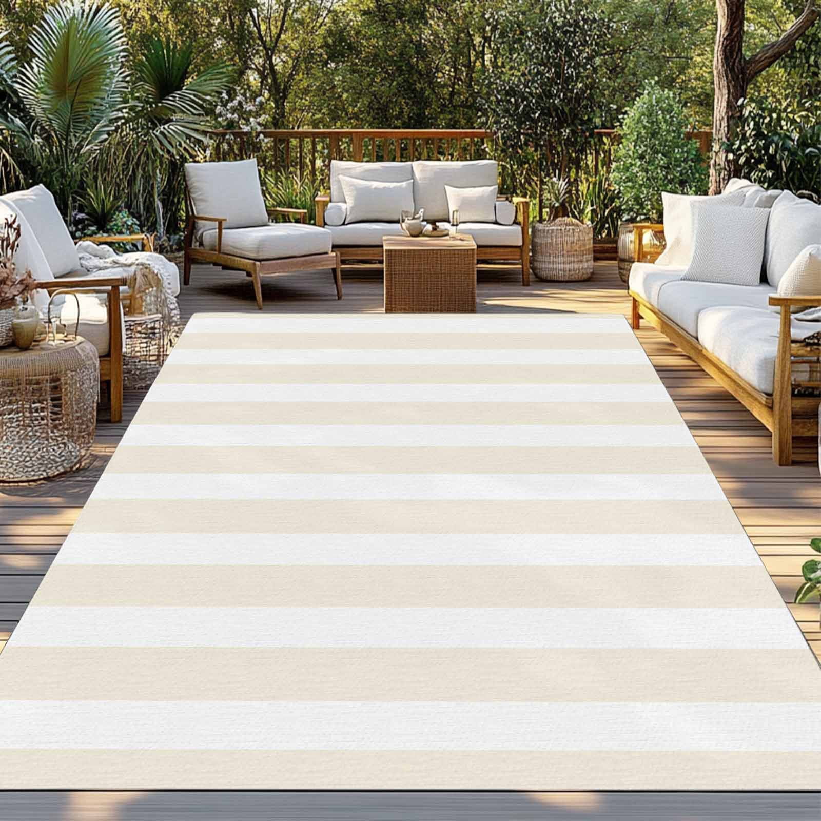 Fsddascl Cream Striped Outdoor Rug for Patio/Deck/Porch, Non-Slip Large Area Rug 4 x 6 Ft, Modern Farmhouse Cream White Stripes Indoor Outdoor Rugs Washable Area Rugs, Reversible Camping Rug Carpet