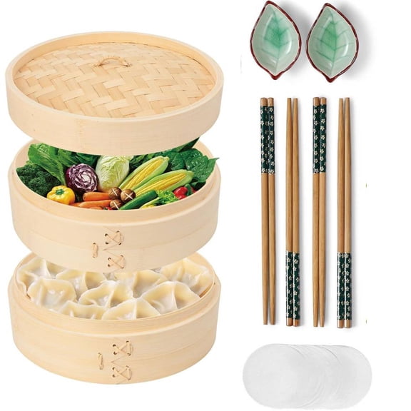 10 inch Bamboo Steamer Basket Set with Chopsticks Ceramic Sauce Dishes Paper Liners,for Cooking