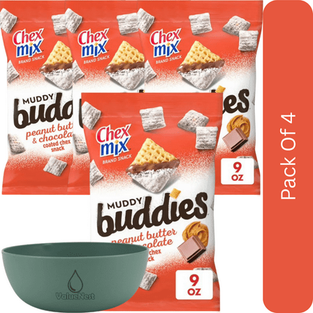 Chex Mix Muddy Buddies Peanut Butter & Chocolate Snack Mix, 9 oz-4pk, With Olive Green Bowl By ValueNest