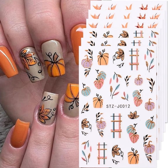 RAGUPEL Fall Pumpkin Nail Art Stickers Decals 3D Maple Leaf Thanksgiving Day Nail Stickers Nail Art Supplies 6Pcs Autumn Maple Leaves Nails Adhesive Decals Manicure Sliders
