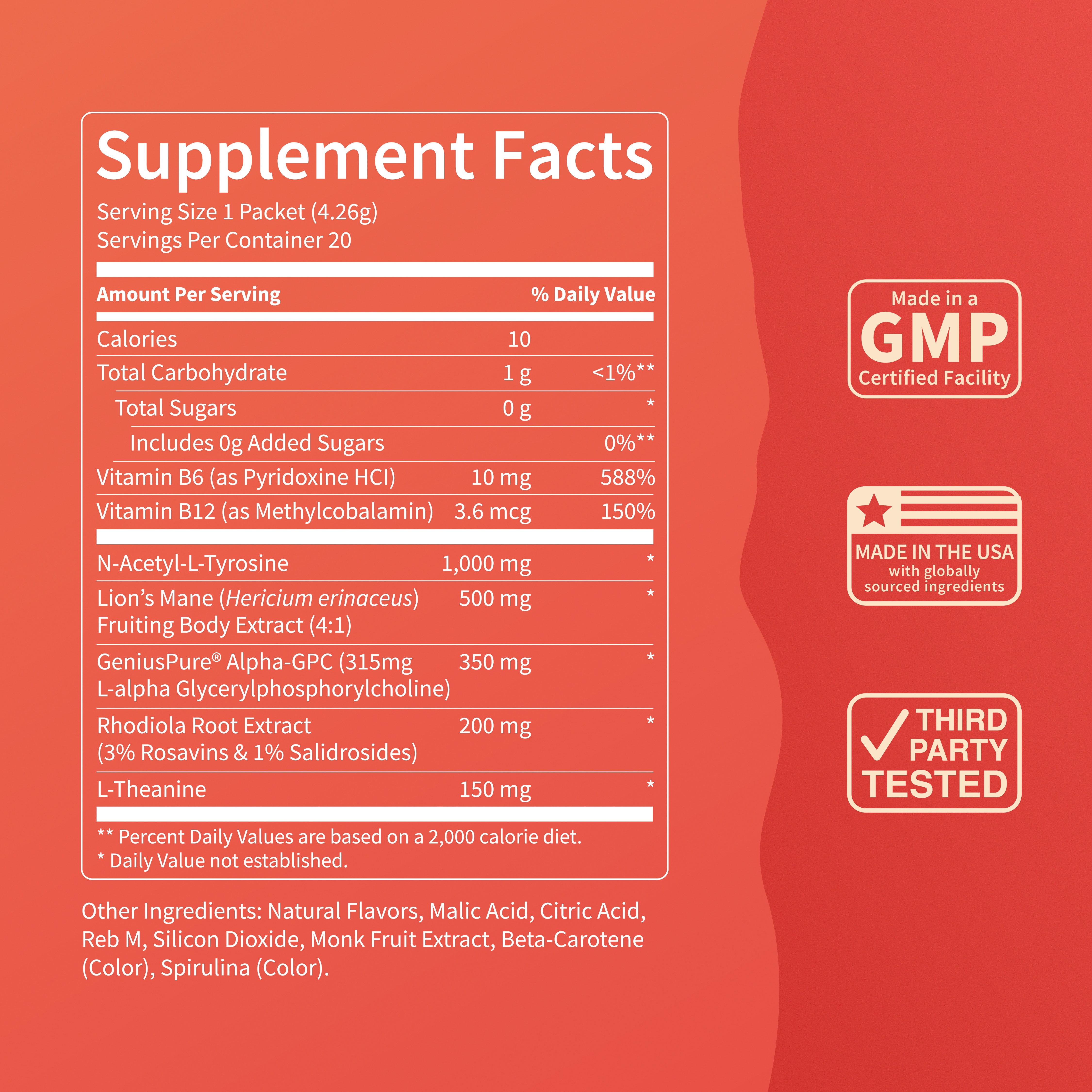Nello SuperFocus Focus Drink Mix – Fruit Punch Flavor – Alpha GPC, Lion’s Mane, Rhodiola & N-Acetyl L-Tyrosine – Sugar-Free, On-the-Go Packets – 20 Travel Packets - Apple Rush