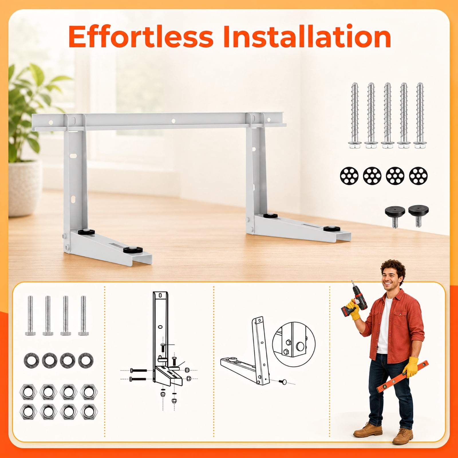 RUIE Mini Split Wall Mounting Bracket for 6000-12000 BTU Ductless AC, Universal Heat Pump Support with Anti-Vibration Dampers & 440 lbs Capacity, Zinc-Coated Steel AC Bracket, Silver