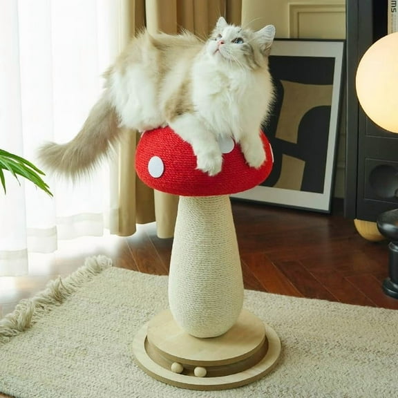 Mushroom Cat Scratching Post for Indoor Cats, Cute Scratching Post with Durable Solid Wood Spinner Toy, Mushroom-Shaped Cat Toy and Sisal Scratching Post to Protect Your Furniture