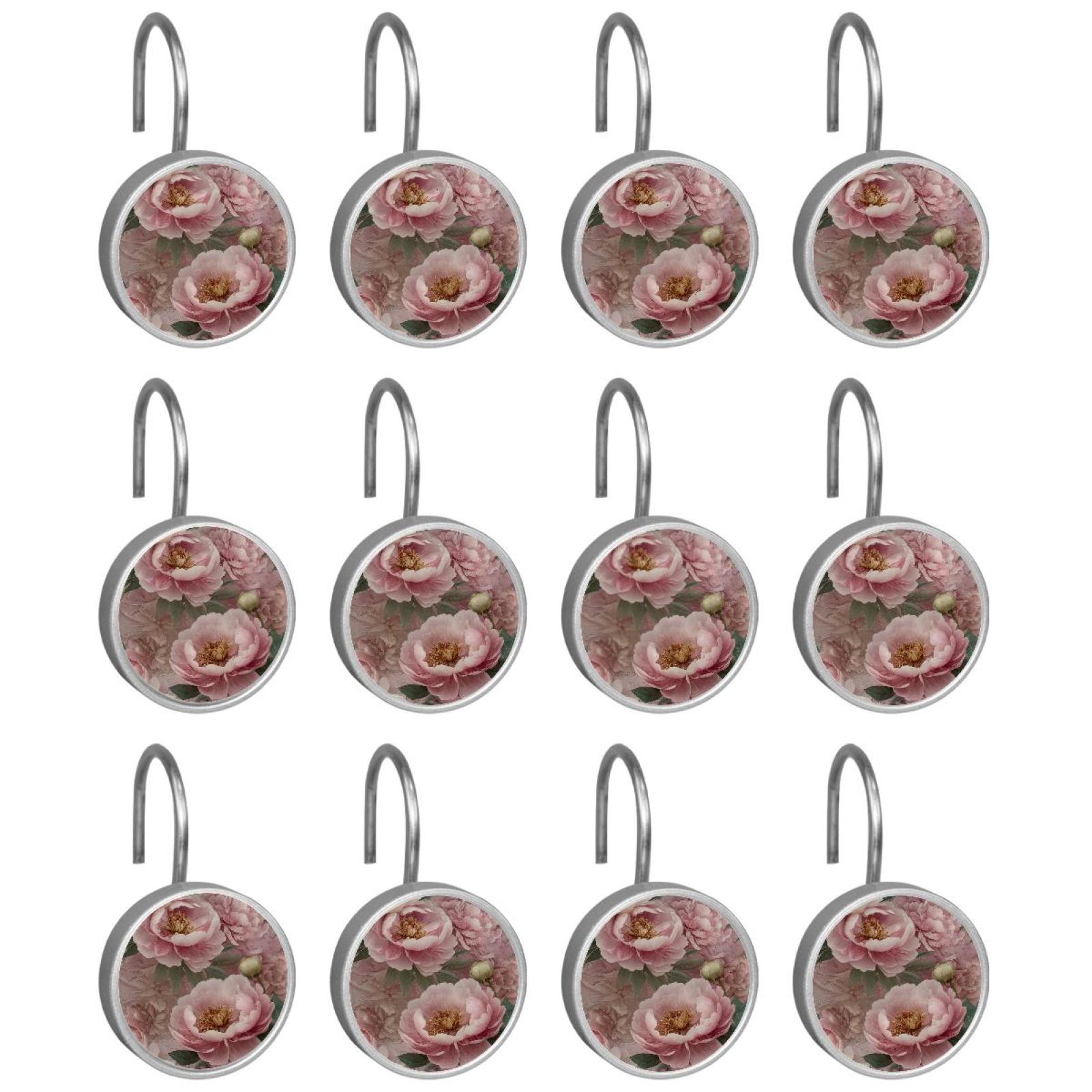 Imobaby 12 Pcs Metal Shower Curtain Hooks Rust Proof for Shower Curtain Liner - Vintage Pink Carnation