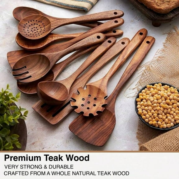 10pcs Wooden Spoons For Cooking, Smooth Finish Teak Wooden Kitchen Utensils Set, Non-Stick, Lightweight And Heat Resistant