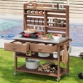 thumbnail image 3 of HMSHA 64.9"H Outdoor Potting Bench Table with Lockable Wheels,Solid Wood Outdoor Kitchen Island with Upper Hutch,Stainless Steel Top,Towel Rack ,Outdoor Storage for Grilling,Lawn Garden-Brown, 3 of 11