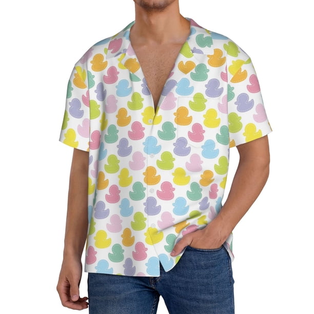Balery Colorful Rubber Duck Camisa Casual de Manga Corta con Botones para Hombre, Texturizada, Estilo Cubano, para Playa, Verano-Small