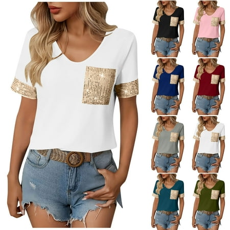 TAGOLD Womens Casual Short Sleeve Tops Solid Color Sequin Patchwork V Neck Pullover Summer Tee Top