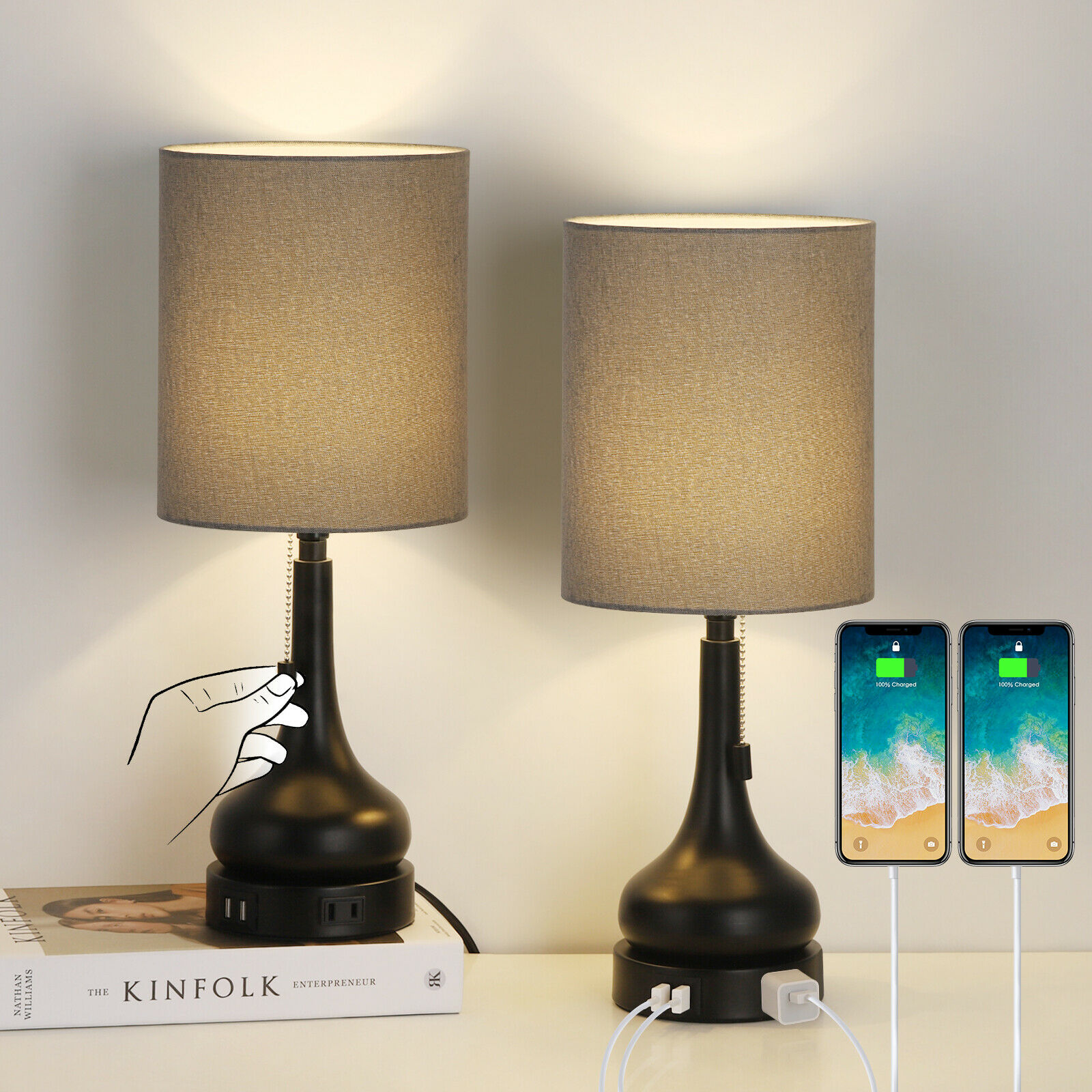 Modern Table Lamp with Dual USB AC Ports Touch Control Living Room Bedroom Gray Shade (Set of 2)