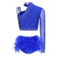 thumbnail image 6 of SiiRoh Women Ballroom Latin Dance Set One Shoulder Crop Top with Feather Briefs Belly Dancing Outfit Royal Blue XXL, 6 of 7