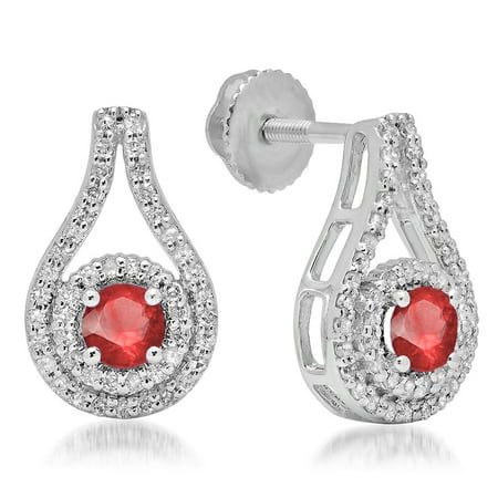 18k Wg Ruby - 1.10 Carat (ctw) 18K White Gold Round Cut Ruby & White Diamond Ladies Halo Style Drop Earrings 1 CT