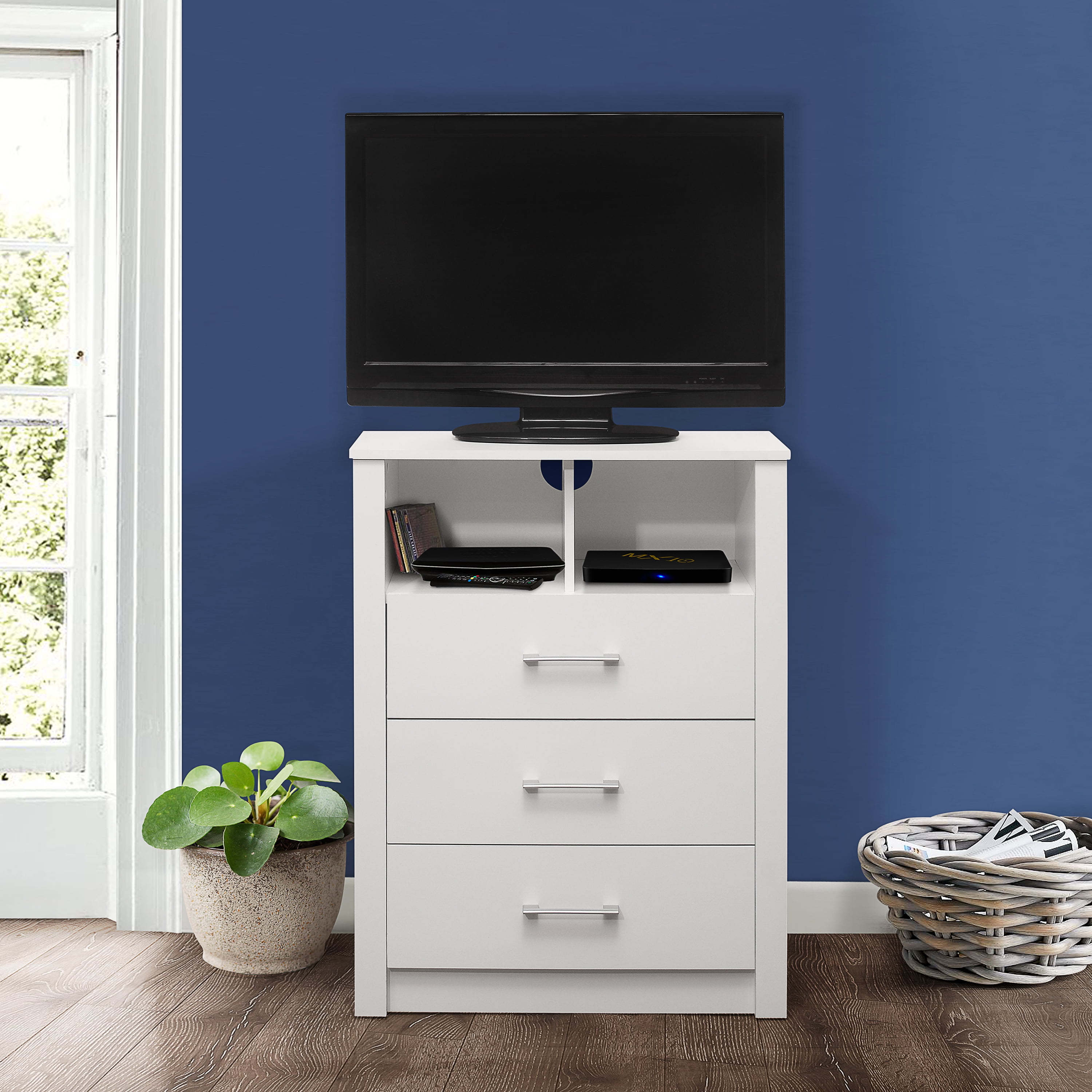 Coby 3 Drawer Dresser With Shelf White, Entertainment Center With Dresser Drawers