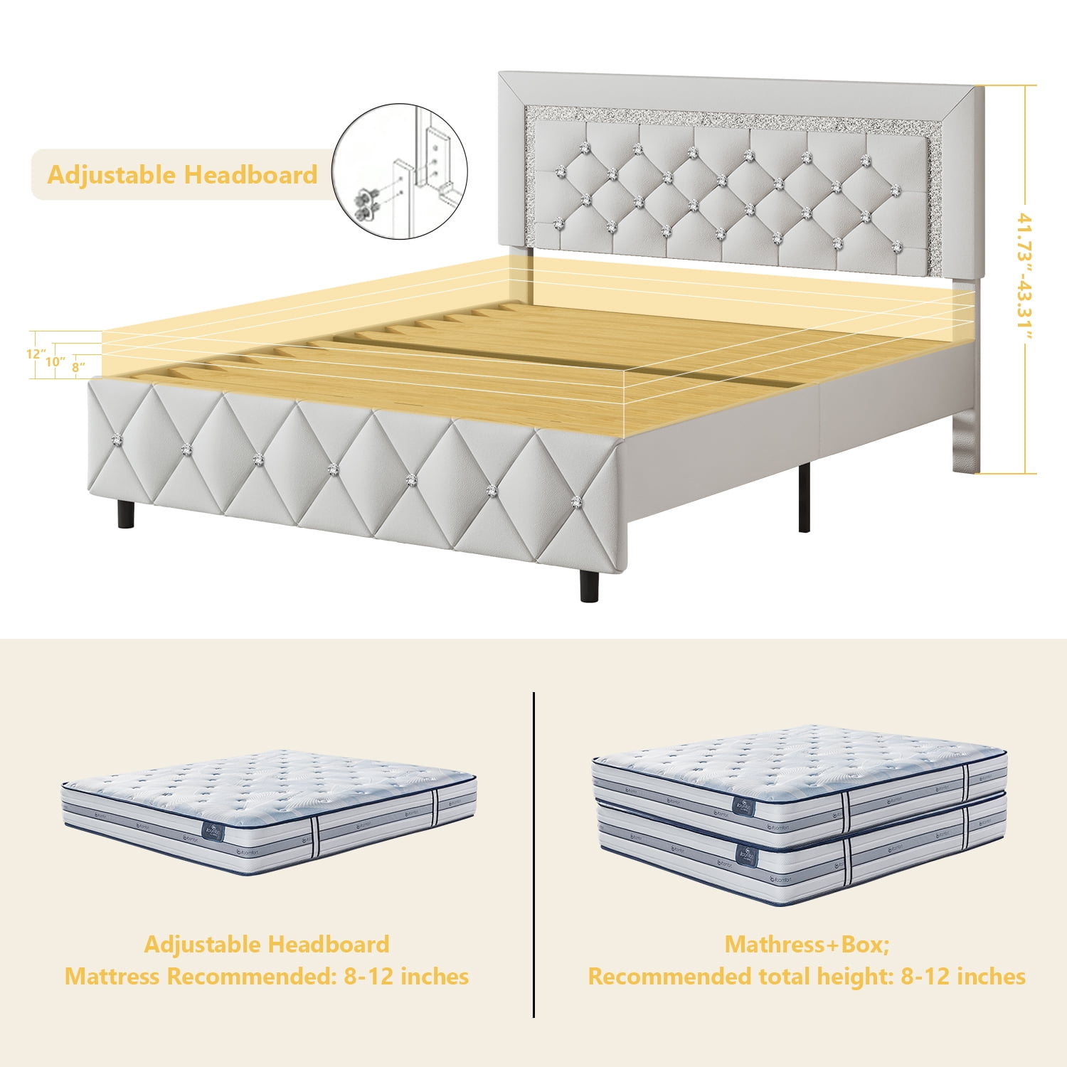 4 EVER WINNER Queen Bed Frame, Upholstered Platform Bed Frame with Headboard and Footboard, Diamond Headboard and Footboard Design, White