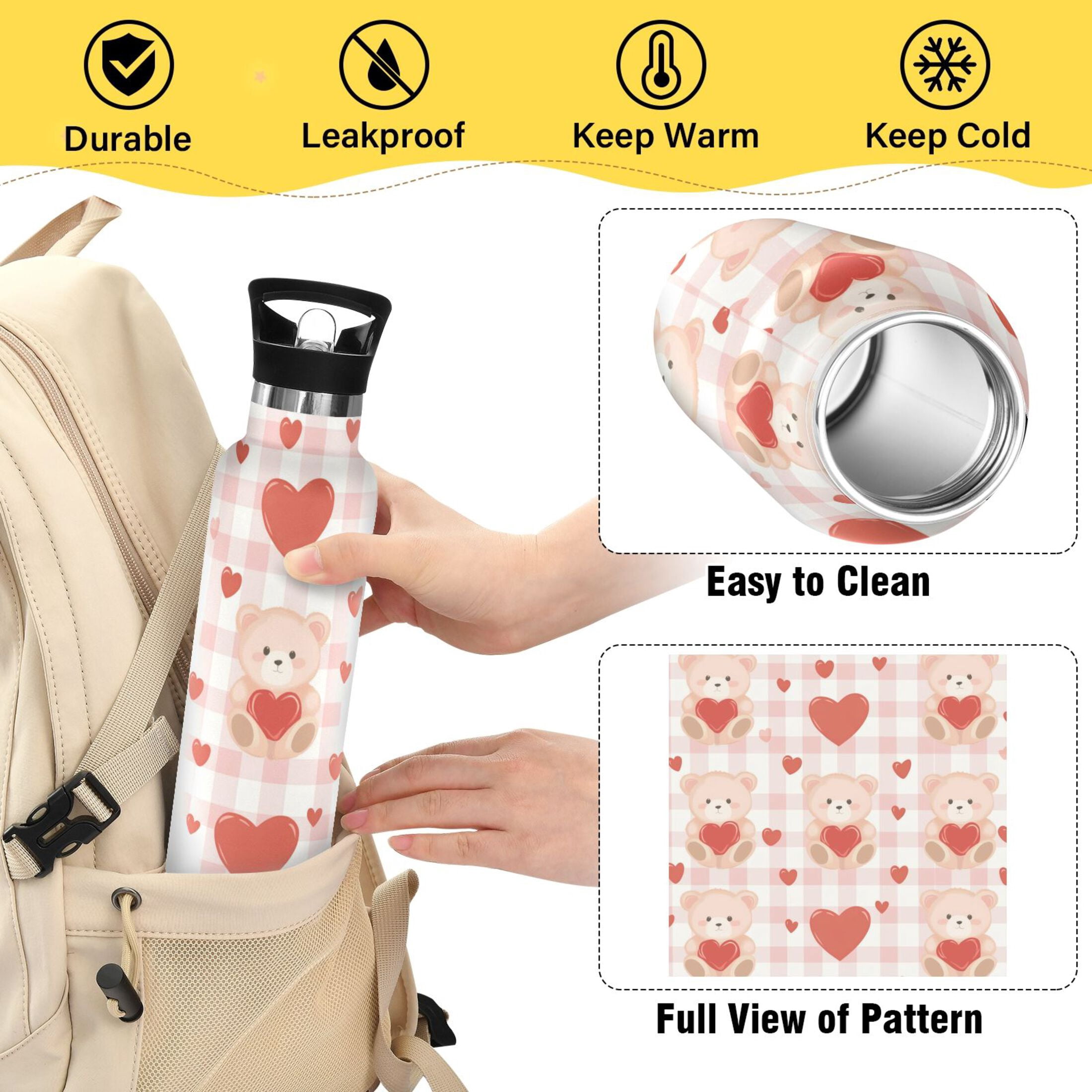 Kids Insulated Stainless Steel Sports Water Bottle 600ml (20oz) Cute Bear Pattern