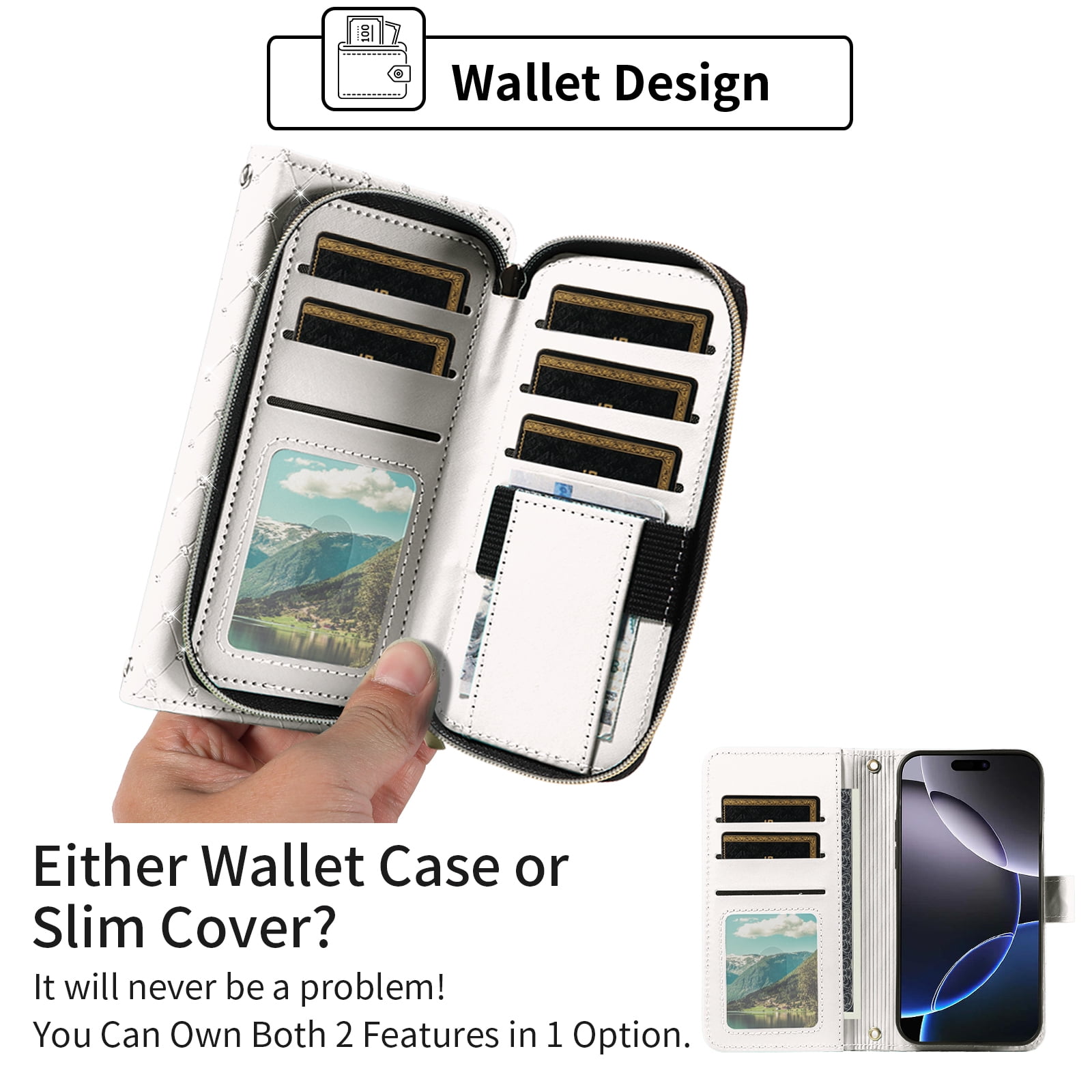Compatible with iPhone 16 Pro Max 6.9 inch Wallet Phone Case Tempered Glass Screen Protector Bling Glitter Crossbody Lanyard Strap Flip Zipper Purse Card Holder Cell Cover for iP 16 i16PM Women White