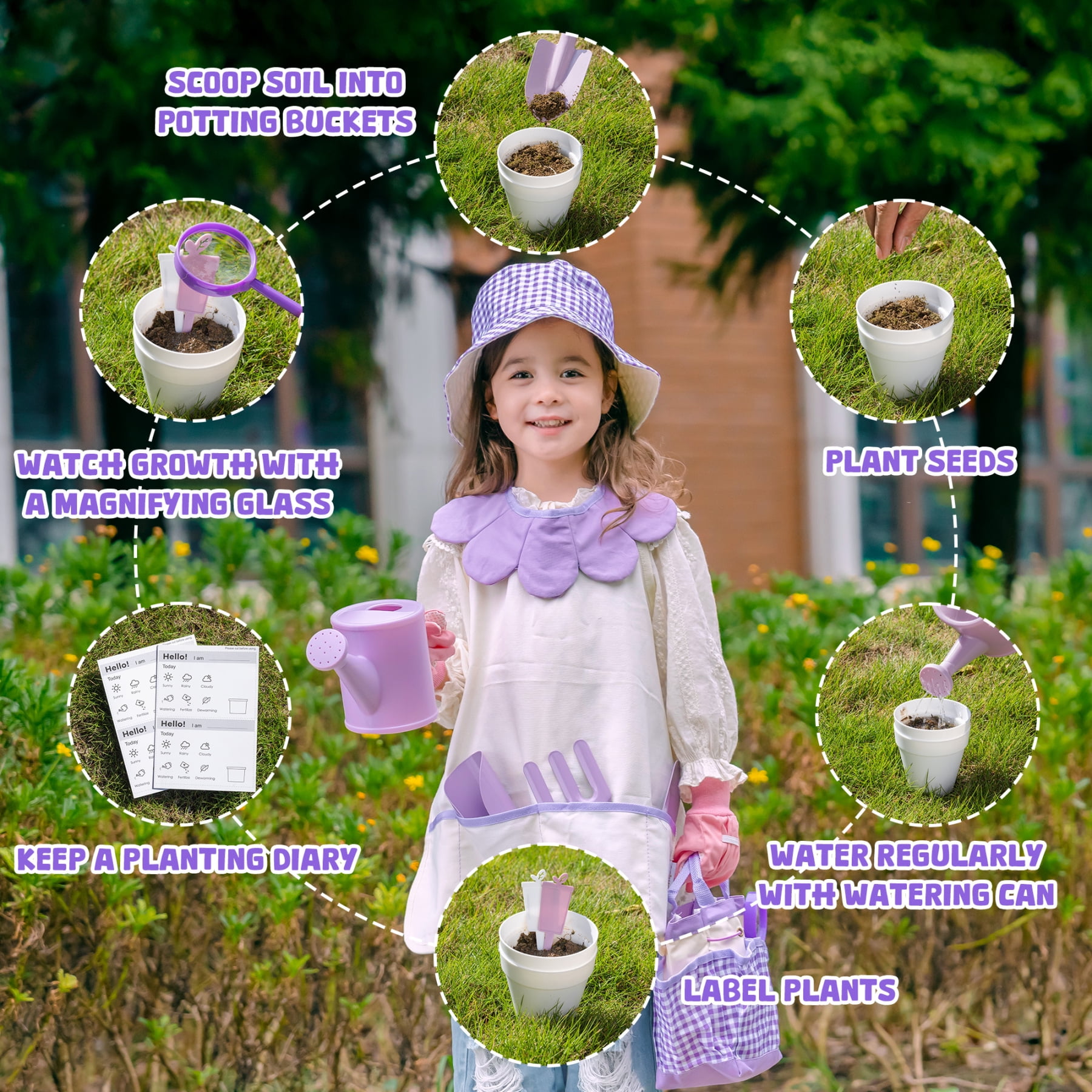 ROBUD Kids Gardening Set, 10 PCS Bow Theme Garden Tools with Shovel, fork, Sand-digging tools, Hat, Storage Bag, Apron, Waterproof Gloves– Educational Outdoor Toy Gift for Girls and Toddlers (Purple)