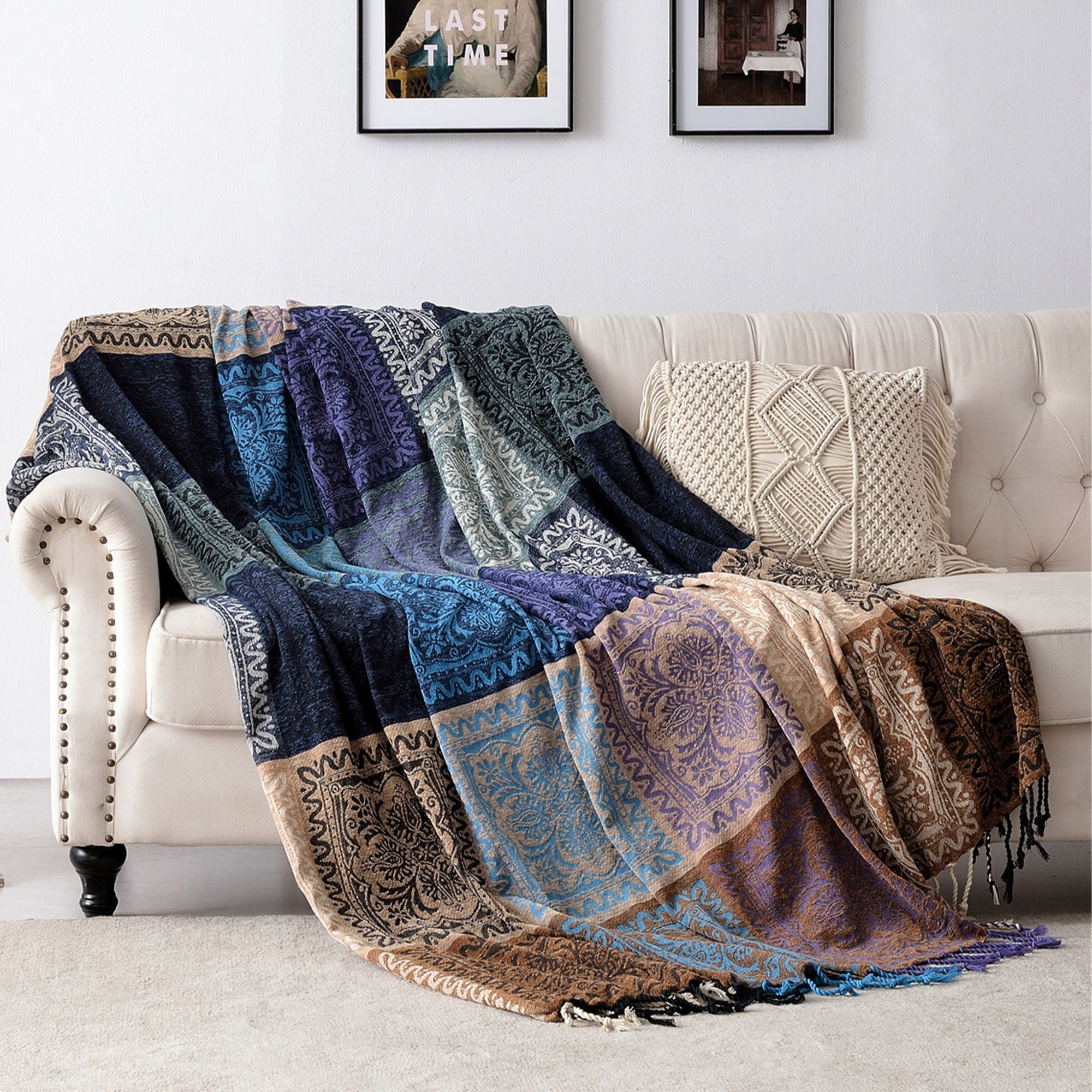 Tribal Throw Blanket Large Size Plaid Sofa Throw Colorful Bohemian  Decorative Blue,130 X 200CM
