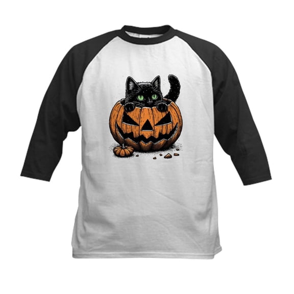 CafePress - Pumpkin Cat Kids Baseball T Shirt - Kids Cotton Baseball Jersey, 3/4 Sleeve Shirt