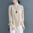 thumbnail image 4 of Lovskoo Cotton Linen Summer Tops for Women 2024 Round Neck 3/4 Sleeve Spring Casual Buttons Solid Color Blouse Loose Tops Beige, 4 of 5