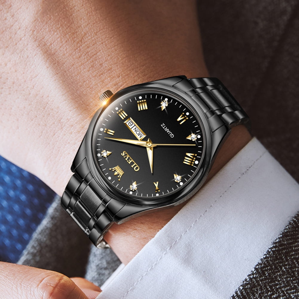 OLEVS Watches for Men Business Dress Analog Quartz Luxury Black Stainless Steel Waterproof Luminous Classic with Date Mens Wrist Watches Reloj para Hombre