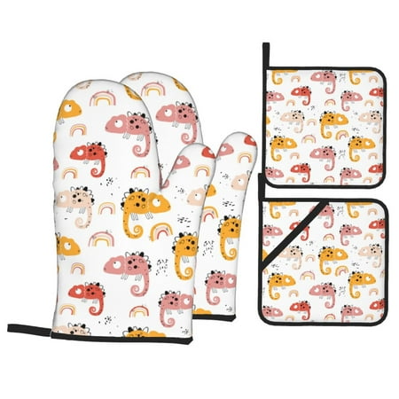

Oven Mitts and Pot Holders Sets 4 pcs Cartoon Cute Chameleon Lizard Non-Slip Oven Gloves Potholders Soft Quilted Lining Heat Resistant Gloves Hot Pads for Kitchen Cooking Baking