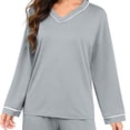 thumbnail image 7 of Women Fashionable Casual Loose Solid Color V Neck Long Sleeved Pants Pajama Set Top Pants Set, 7 of 7