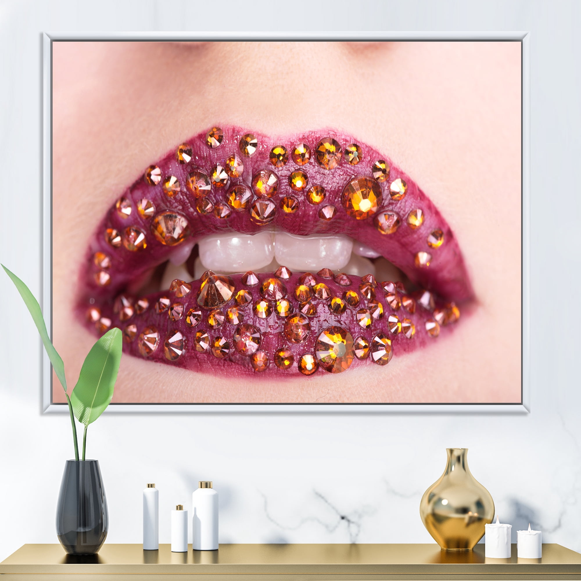 Close-Up Of Girl Lips With Sequins 40 in x 30 in Framed Photography Canvas Art Print, by Designart