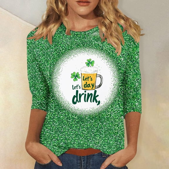 LYEAA Women 3/4 Sleeve Floral Tops Loose Fit Casual V-Neck T-Shirt Soft Cotton Blend Spring Summer Beach Vacation Clothing with Side Slits Green XXXXL