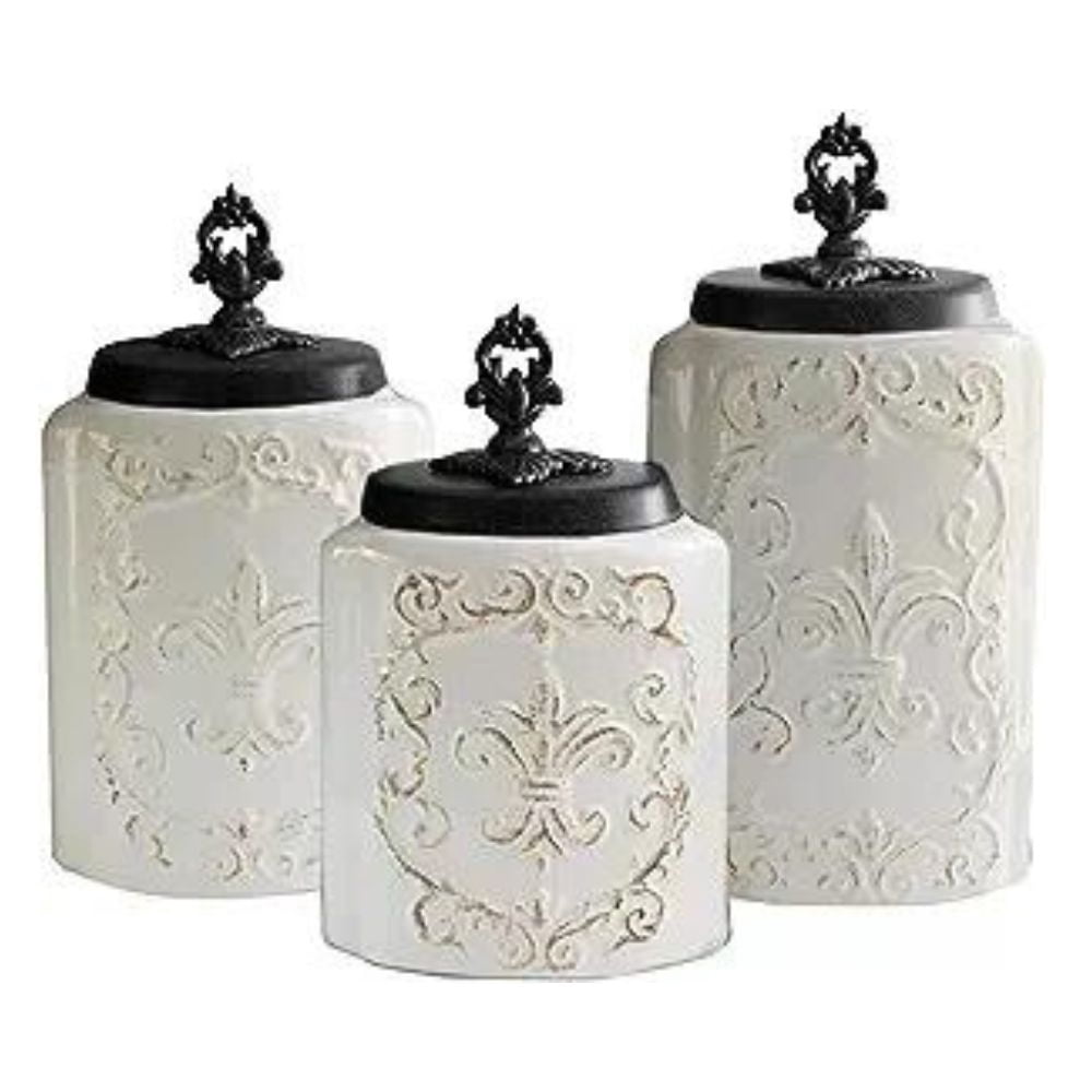 American Atelier, Round, White Antique Ceramic Kitchen Canister Set of 3, 60.5oz, 74.5oz, 84.5oz