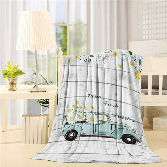 Truck Daisy Flower Throw Blanket 40" x 50", Lightweight Soft Bed Blanket for Bedroom Living Rooms, Cozy Fleece Comfy Microfiber Throw Blankets for Couch Sofa, Wild Floral Fresh Design Farmhouse Plank