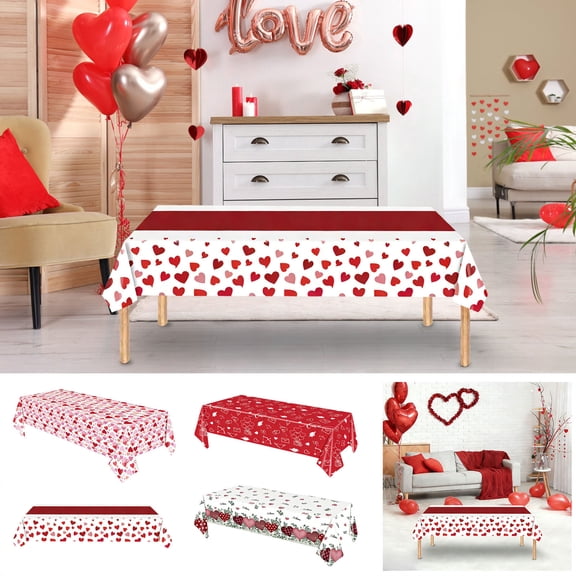 Yhmxh Valentine's Day Tablecloth Rectangle Red Love Heart Table Cloth, Waterproof & Disposable Plastic Table Covers for Valentine's Day Party Supplies Picnic Dinner Decor,108 x 54 Inch