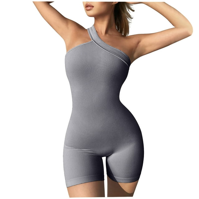 Mrat Confortable Jambes Larges Demi-Courtes Femmes Été Solide Régulier Col Rond Sans Manches Femmes Manches Courtes Vêtement une Pièce Cordon de Serrage Pantalon d'Entraînement S-445 Gris TG