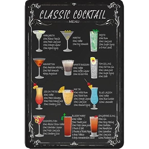 Vintage Classic Cocktail Recipe Guide Retroe Cocktail Menu Aluminum Signss Funny Tin Signs Metal Art Poster Gift Home Cafe Bar Wall Decor Room Door Accessories Bar Pub Signs Decor Gift 8x12 Inch