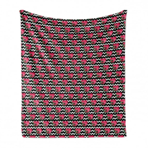 Exotic Soft Flannel Fleece Blanket, Polygonal Hearts Tropical Hibiscus Flowers Monstera Leaf on Zigzags, Cozy Plush for Indoor and Outdoor Use, 50" x 60", Charcoal Grey and Hot Pink, by Ambesonne
