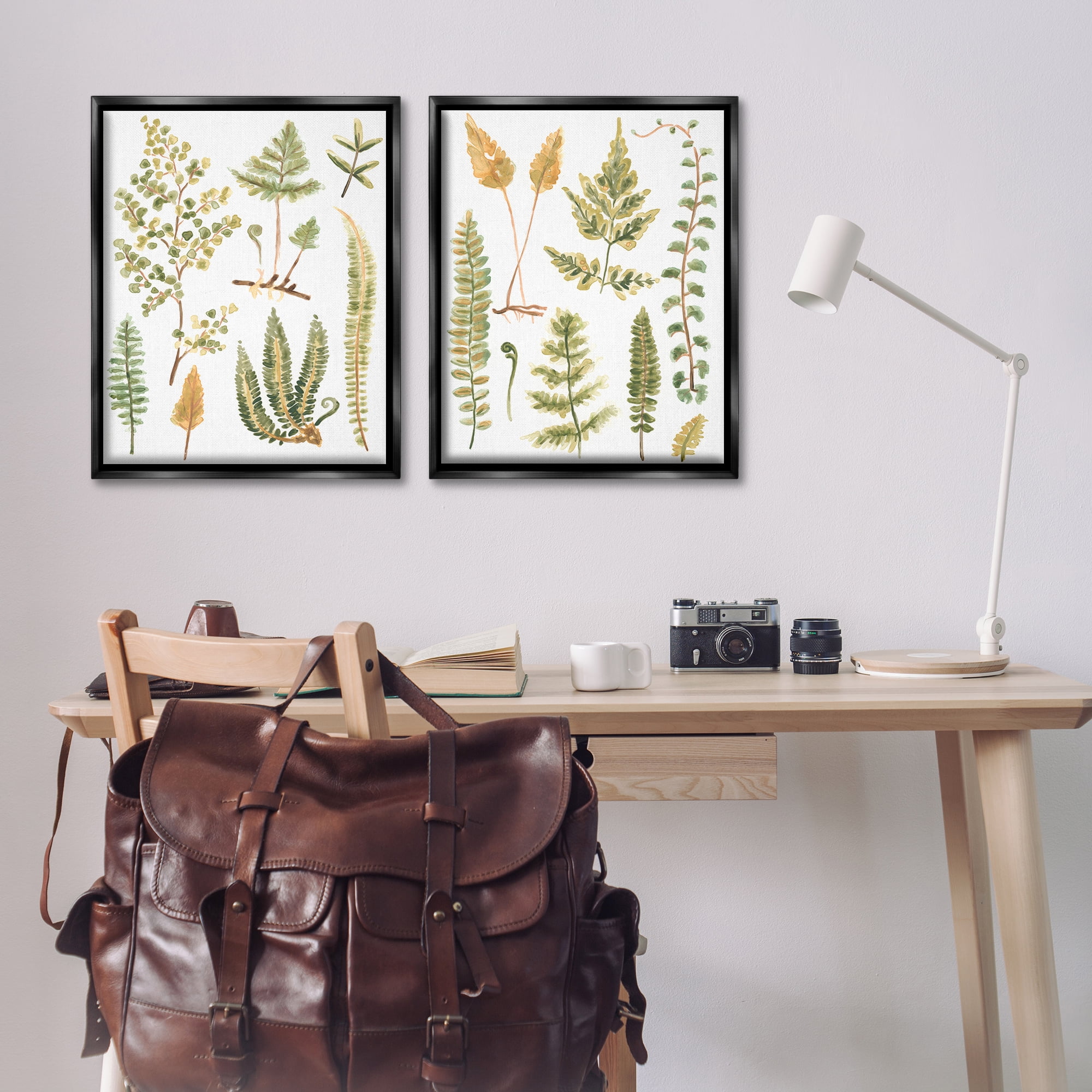 Stupell Industries Watercolor Fern Leaves Plants & Flowers Painting Black Floater Framed Canvas Art Print Wall Art, 31 x 25, Set of 2