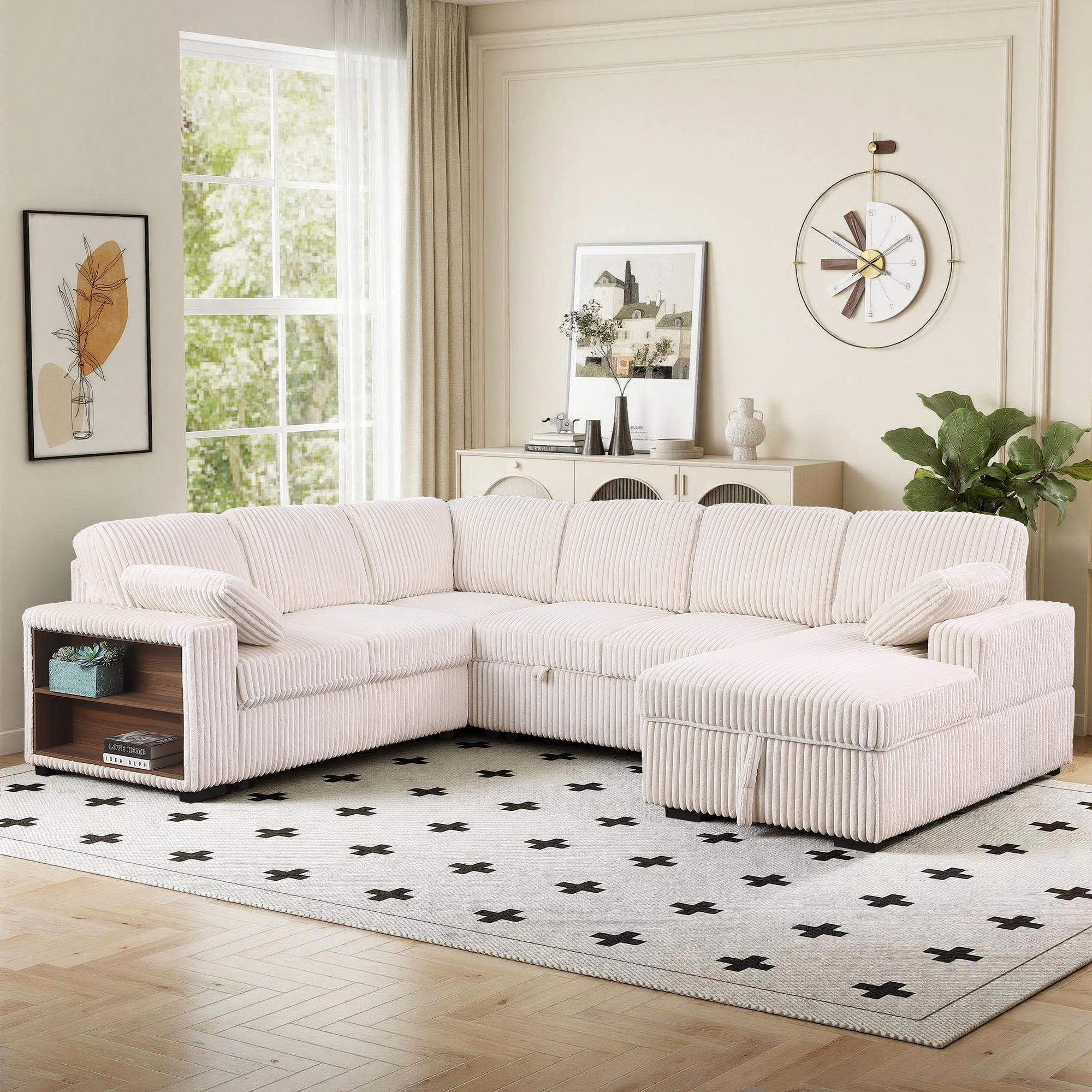 Gewnee 117 inch Sectional Sofa with Pull Out Bed,U-Shaped Modular Sectional with Storage,Cloud Couch for Living Room,Family Room & Apartment,Beige