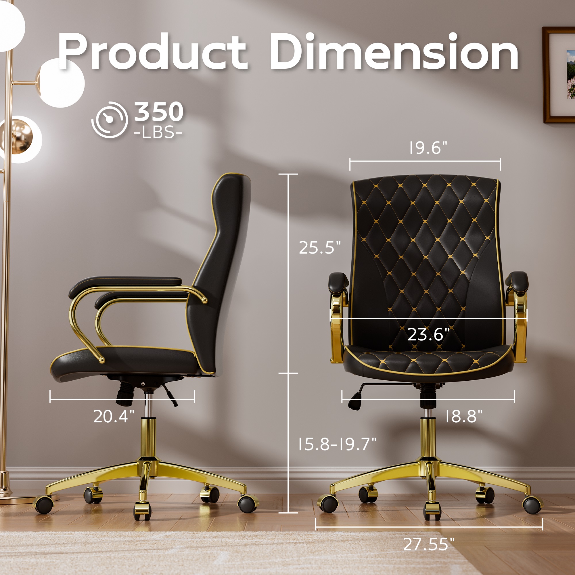 Ninecer Black and Gold Office Chair with Soft Leather Embroidery, Mid Back Vintage Swivel Executive Desk Chair with Wheels and Padded Arms, Adjustable Height