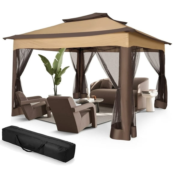 COBIZI 11x11 Pop up Gazebo Outdoor Canopy Gazebo Patio Gazebo with Mosquito Netting Canopy Shelter with 121 Square feet of Shade for Poolside, Garden, Party and Backyard, Brown