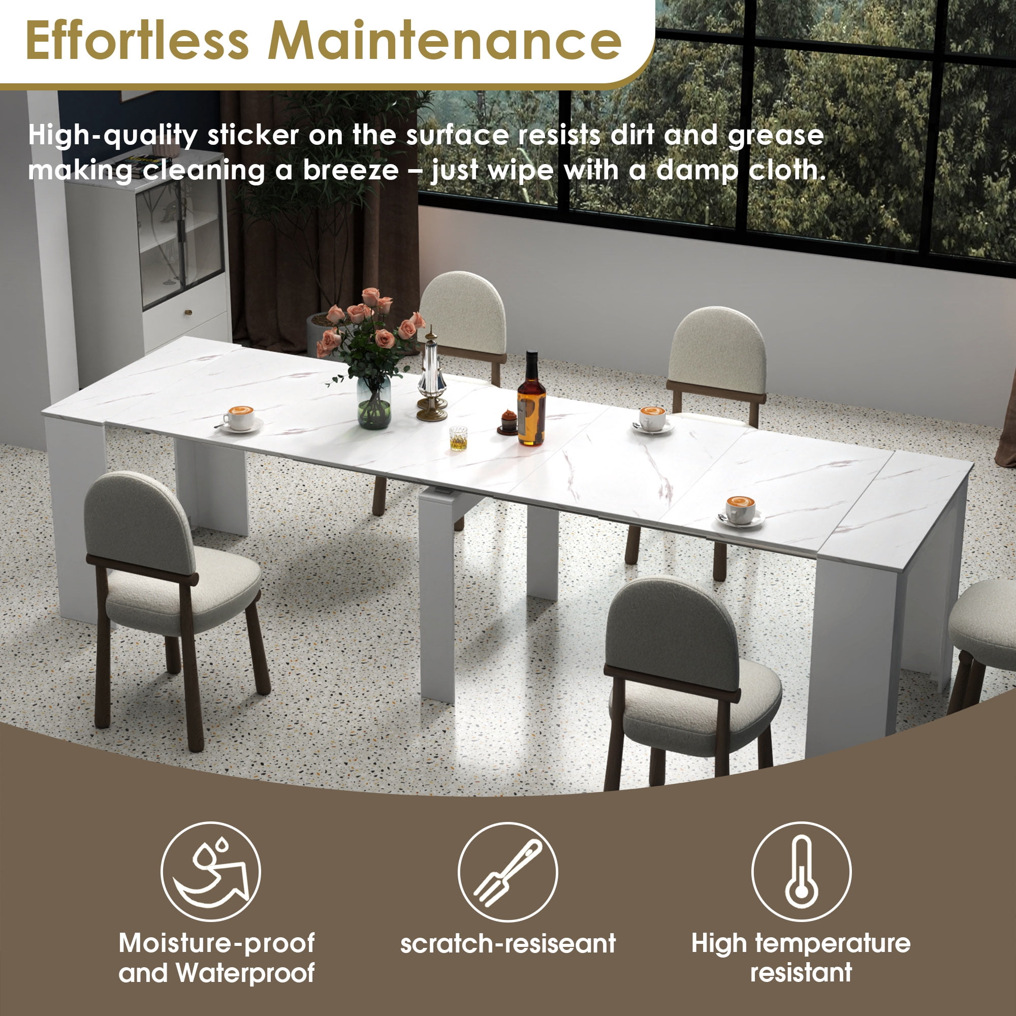 20"-118" White Marble Extendable Dining Table for 2-12 People, Modern Modular Extension Table, Space-Saving Extra Long Folding Dining Table, Multifunctional Conference Meeting Table