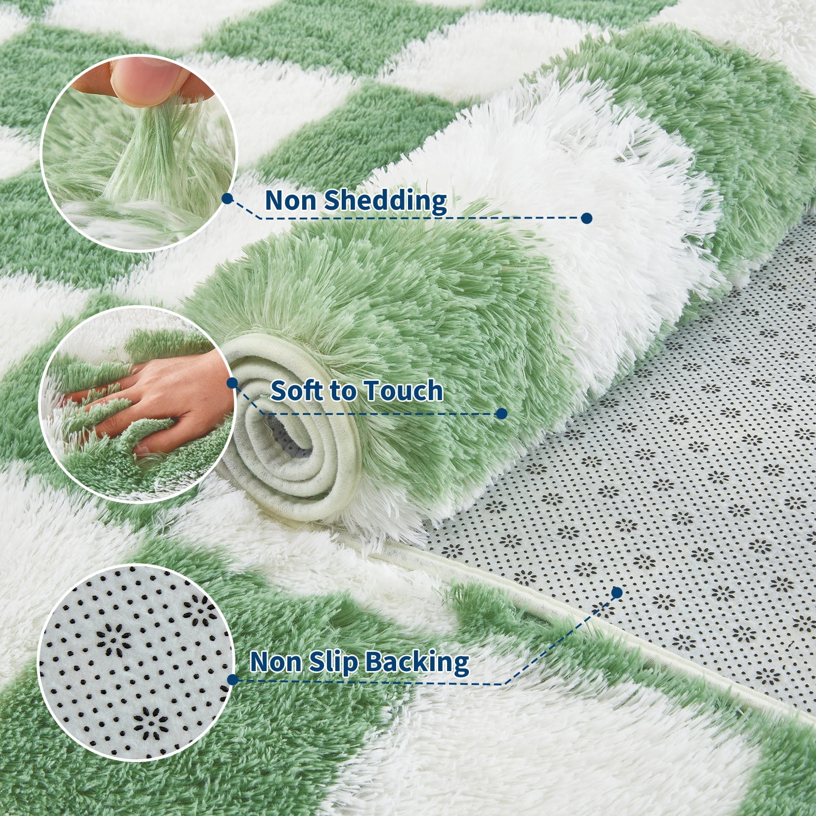 COZONY 2x6 Checkered Thick Runner Rug, Soft Plush Shag Area Rug with Non-Slip Backing for Entryway or Nursery, Green
